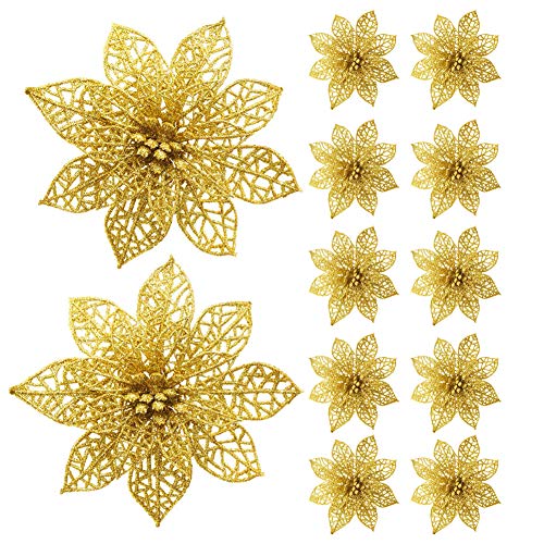 Turelifes Pack de 12 Flores de Nochebuena Artificiales con Purpurina Ornamentos de Árbol de Navidad 5.9 '' (15cm) de Diámetro (Oro)