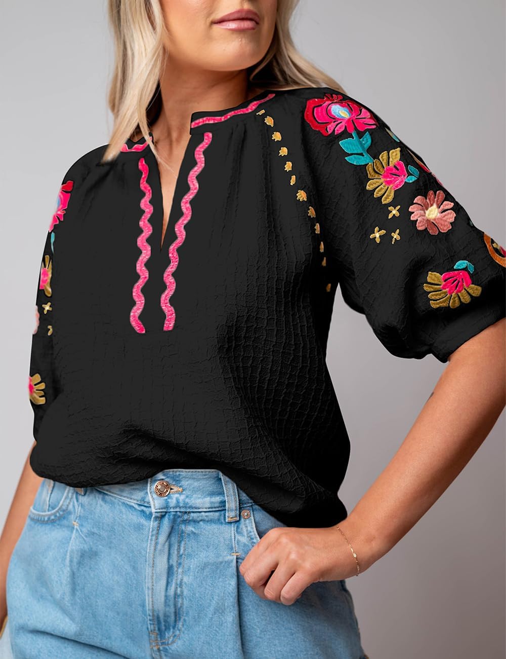 Ecosunny Women's Casual V Neck Puff Short Sleeve Shirts Floral Embroidered Ricrac Textured Loose Tunic Blouses Tops - Image 3