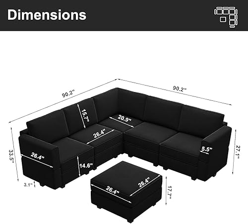 Miniatura 53 de Belffin - Sofá cama modular con otomanas, de terciopelo, reversible y con asiento con almacenamiento, color verde, forma de L-1 Negro