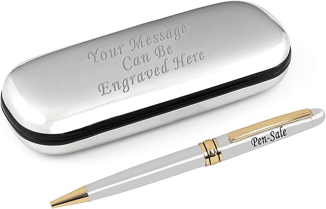 Paul Clover Personalised Engraved Pen and Engraved Classy Chrome Case - Personalised Gifts for Anniversary, Christmas, Gifts For Men and Women - Enter Your Custom Text (Silver Gold Trim)