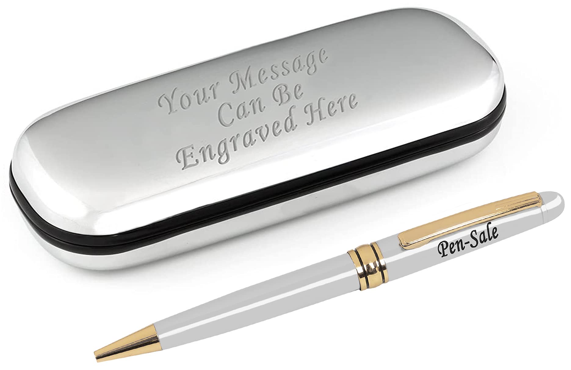 Paul Clover Personalised Engraved Pen with 2 Black Ink Refills in an Classy Chrome Case - Gifts for Anniversary, Christmas, Men and Women Enter Your Custom Text, Silver Gold Trim