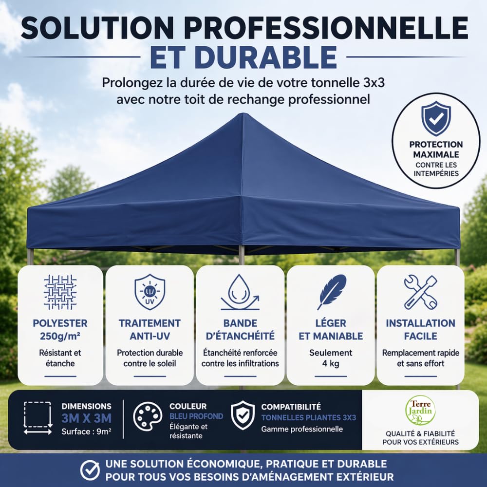TERRE JARDIN Toit de Rechange Tonnelle de Jardin Exterieur Pliable 3 x 3 m Professionnel – Pergola Jardin Exterieur, Imperméable 250 g/m², Anti UV - Réceptions, Marchés, Camping - Unité - Bleu