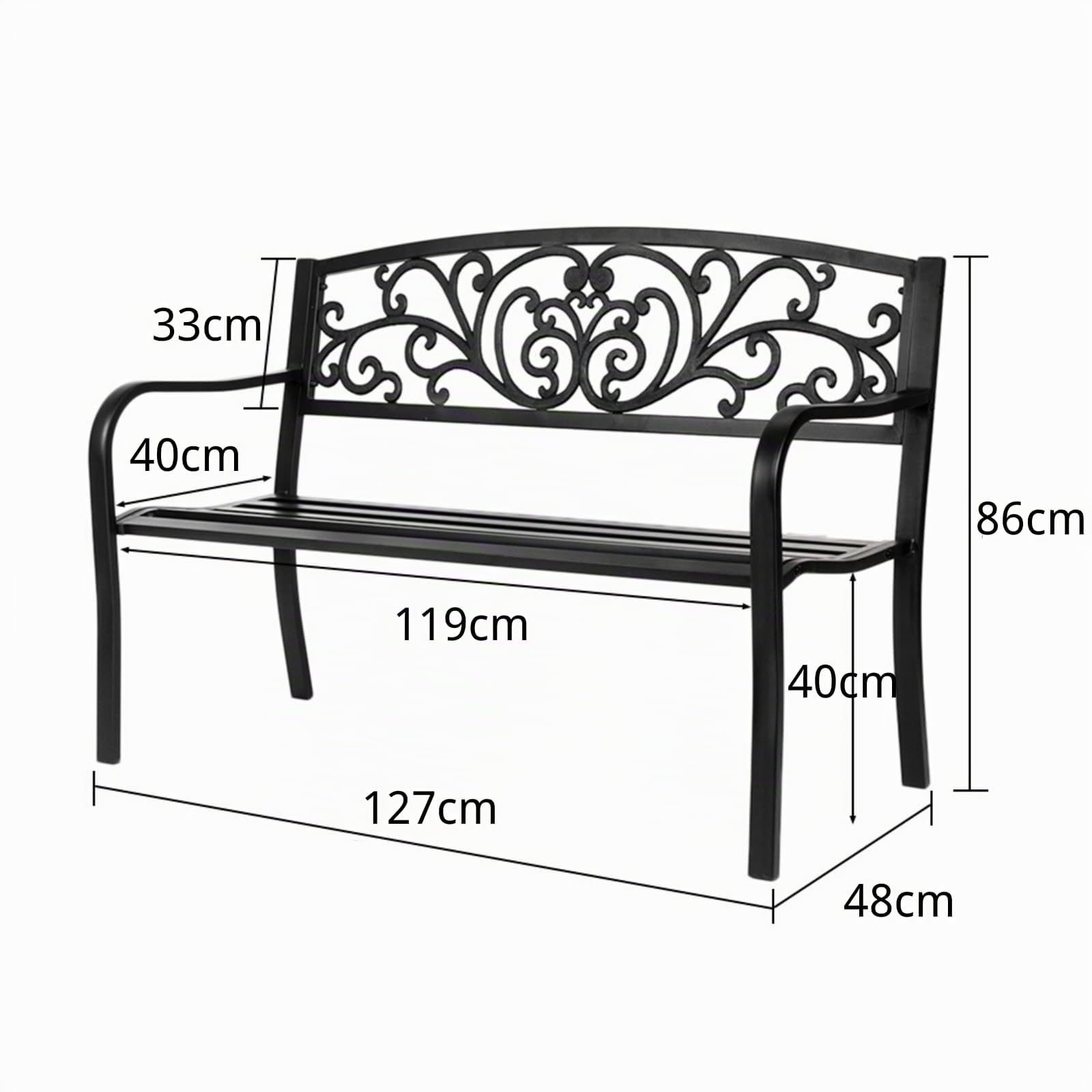 LEADZM Gartenbank Metall, Eisenbank mit Platz für 2-3 Personen - gartenbank wetterfest, Schwarzer Retro-Stil, Geeignet für Gärten, Balkone und Terrassen