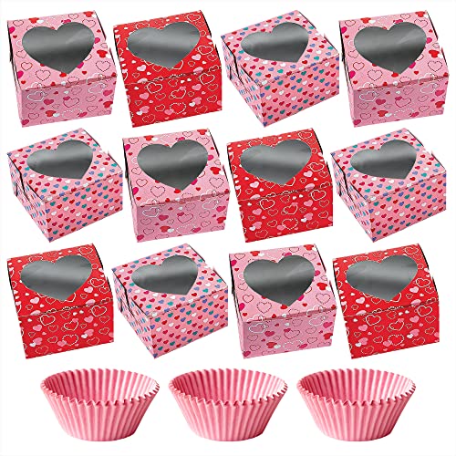 Valentinstag Herzen Cupcake-Boxen - einzelne einzelne einzelne Cupcake-Boxen mit Einsätzen und rosa Papier-Cupcake-Bechern - 24 Stück (11,4 x 7,6 x 11,4 cm) thumbnail