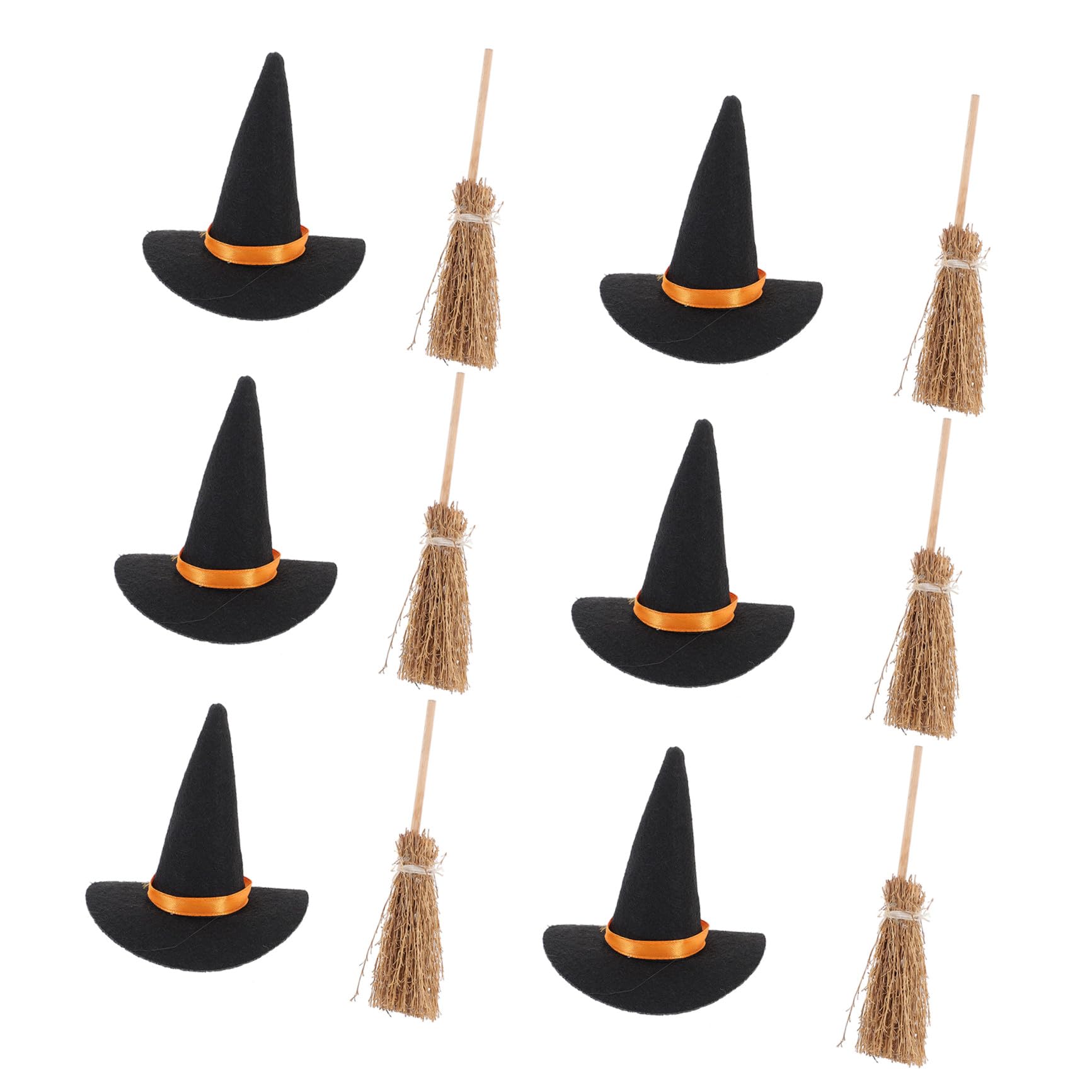 Set da 12 Pezzi Mini Cappelli da Strega e Scope in Feltro e Legno Decorazioni Fai da Te per Halloween Accessori Miniatura per Feste e Decorazioni Bevande