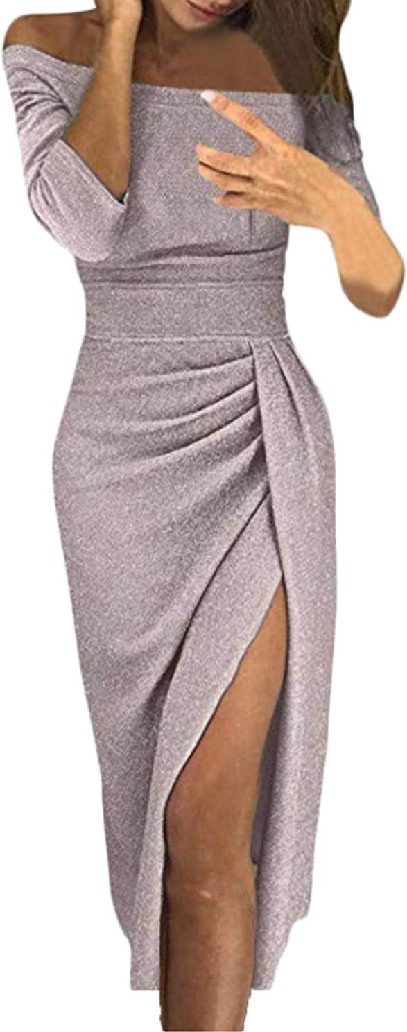 Women Sexy Off Shoulder Long Sleeve Ruched Thigh Slit Dress Evening Party Cocktail Dress Beige