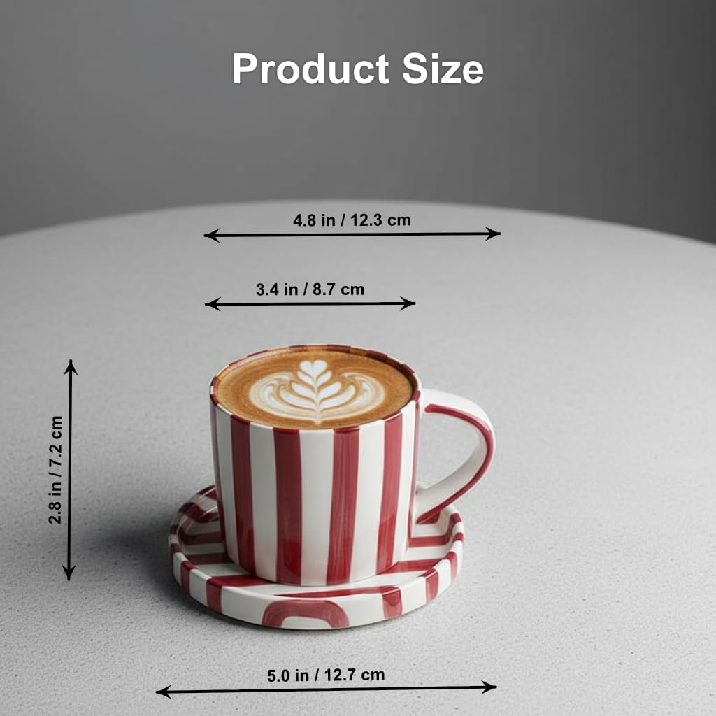 Festive Red and White Striped Ceramic Coffee Mug and Saucer Set, 200ml Latte & Tea Cup Gift for Holidays (Red)