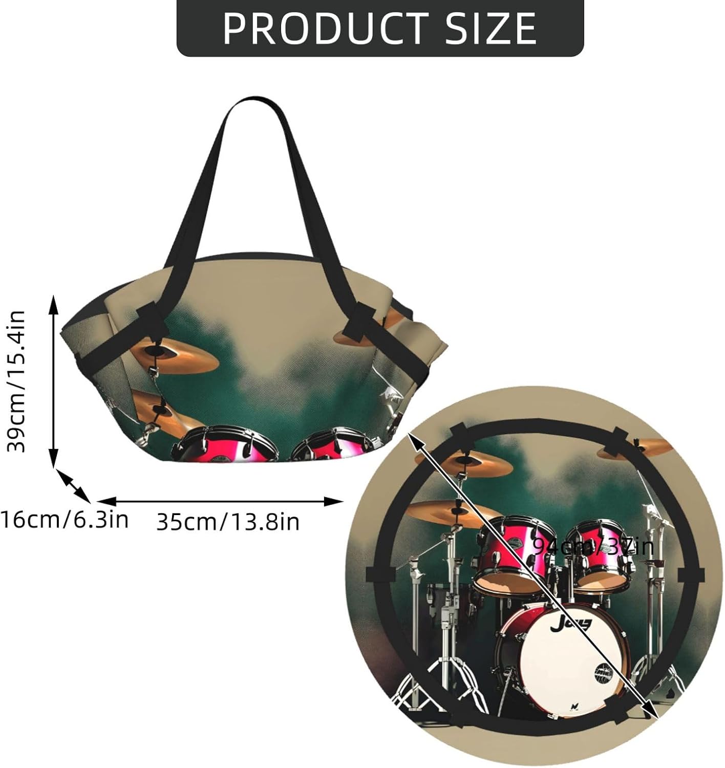 Foldable Jazz Drum Print 2-in-1 Portable Picnic Blanket Tote Bag Outdoor Camping Beach Park Mat