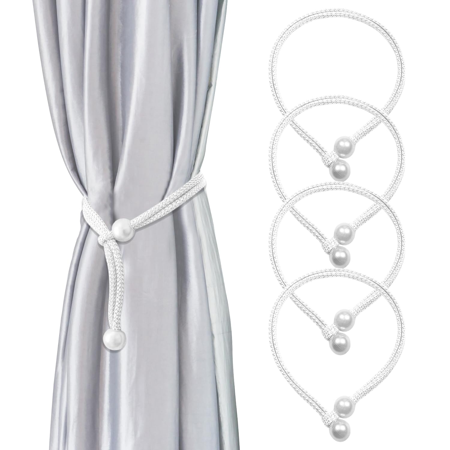 KEJOL 4 Pack Curtain Tie Backs, Elegant Pearl Tie Backs for Curtains | White Curtain Tiebacks | Hand-Knitted Curtains Tie Backs | for Home Office Living Room Bedroom