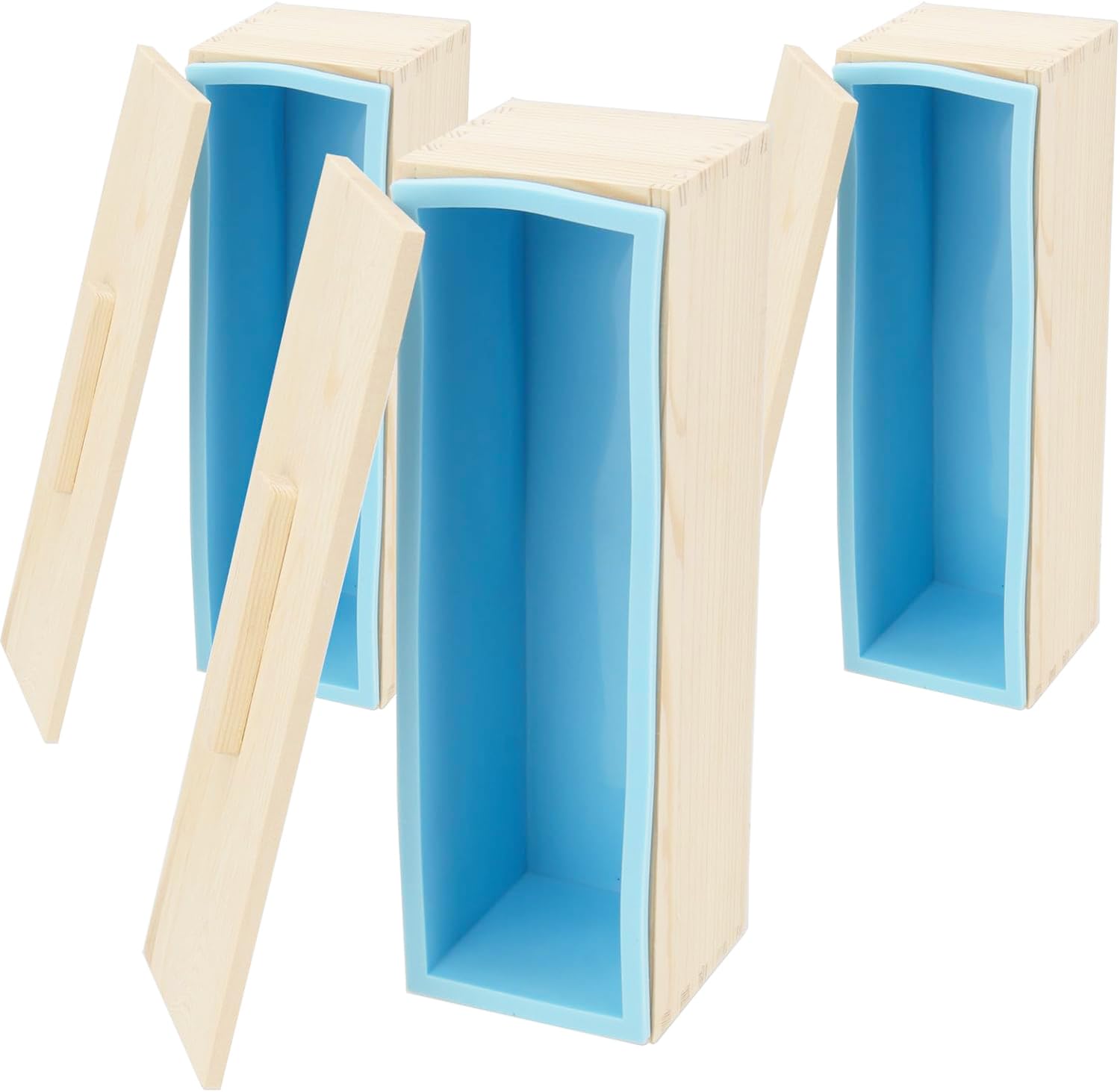 3 Set 1,2 l Silikon-Seifenformen, rechteckig, mit Holzboxen und Deckeln, flexible Seifenformen für Seifenherstellung, DIY hausgemachte Seife, Handwerk, Blau