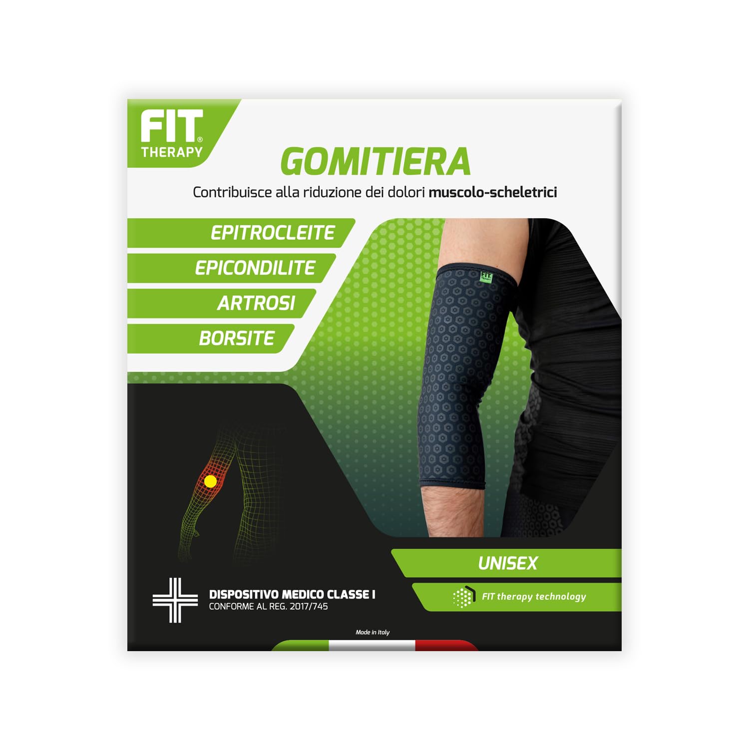 FIT THERAPY – Gomitiera per Epicondilite – Dispositivo Medico per Dolori Muscolari e Articolari Gomito, Epitrocleite, Borsite, Artrosi – Senza farmaci, traspirante, lavabile fino a 300 volte