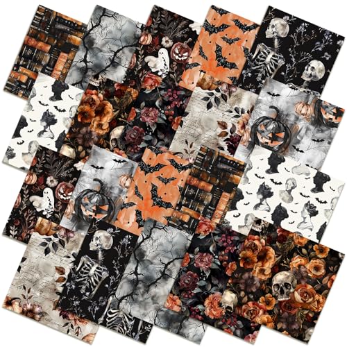 Ganeen 60 Pcs 10 x 10 Inch Halloween Quilting Fabric Square Spooky Gothic Floral Skeleton Precut Quilted Fabric Bundle Pumpkin Ghost Skull Printed Patchwork Materials for Halloween Sewing DIY Craft