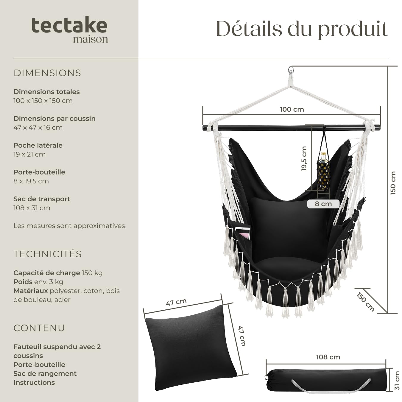tectake® Fauteuil Suspendu Hamac Intérieur & extérieur, Fauteuil Relax, Fauteuil de Lecture 1 Place Balancelle, 2 Coussin Chaise Inclus Decoration Salon cocooning Jardin