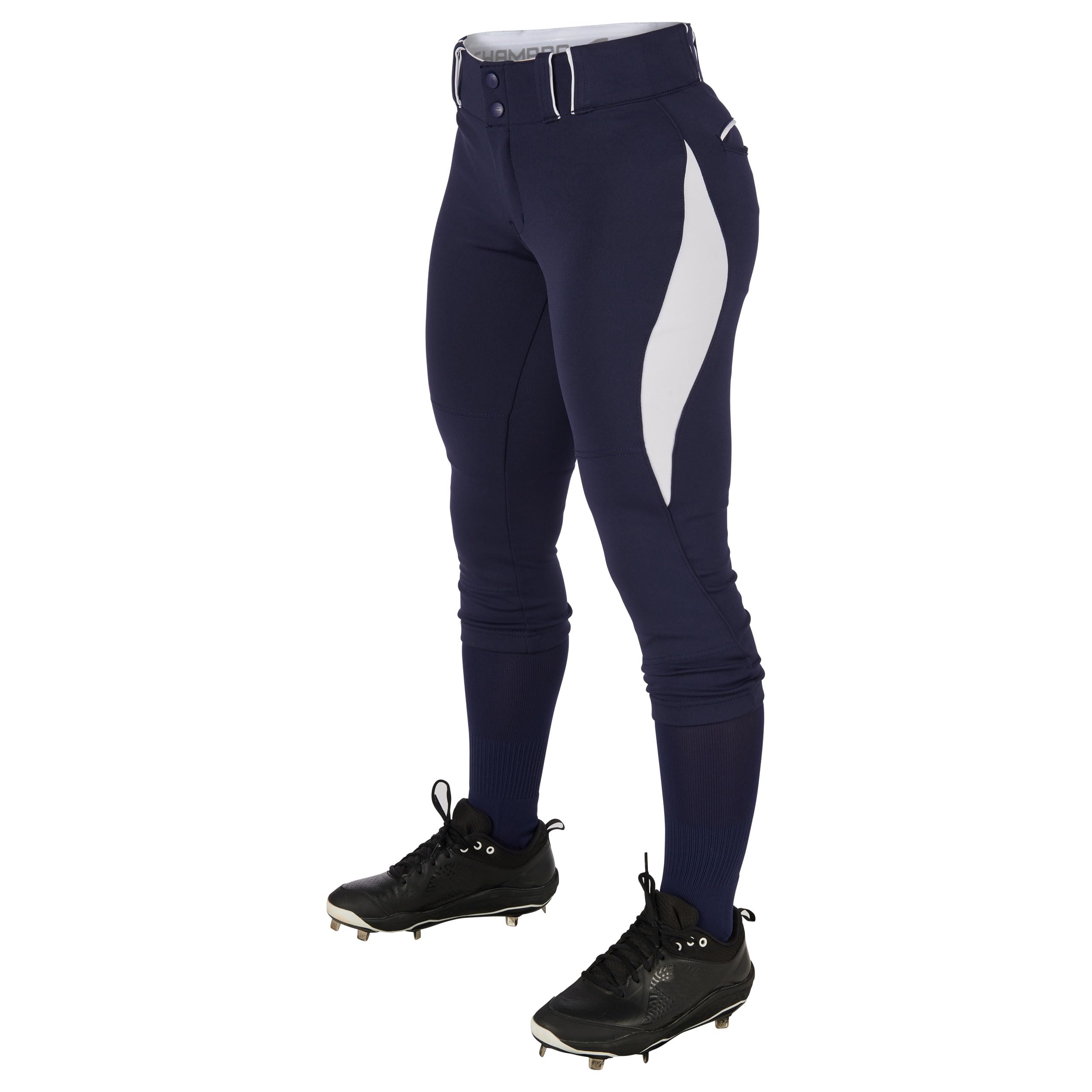 Champro Surge Traditional Low-Rise Fastpitch Softball Pant with Contrast-Color Braid Piping Navy, White
