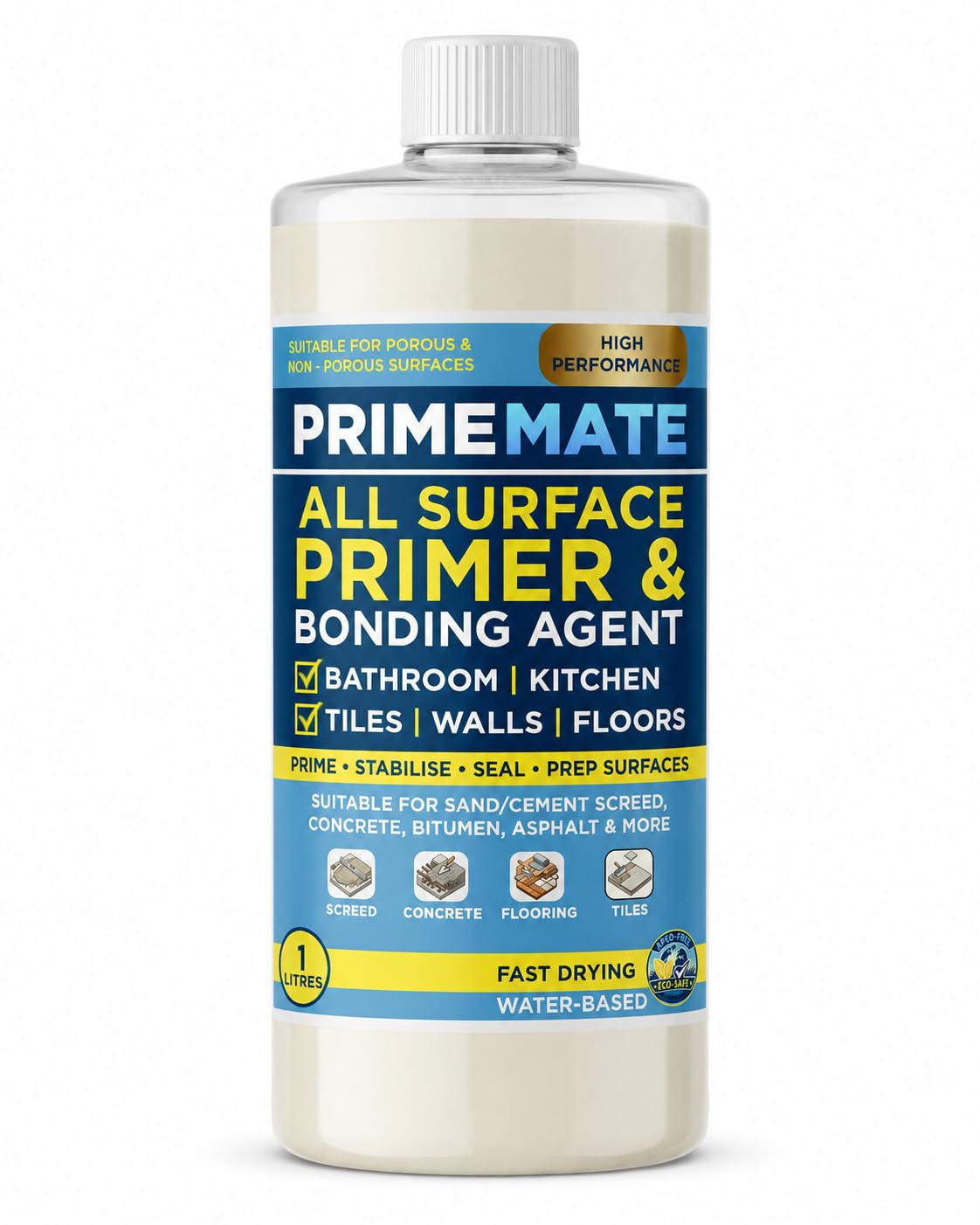 PrimeMate 1L All Surface Waterproof Primer & Bonding Agent for Bathroom Kitchen Tiles Walls Floors APEO Free - Prime Stabilise Seal & Prep - Suitable for Sand/Cement Screed Concrete Bitumen & More