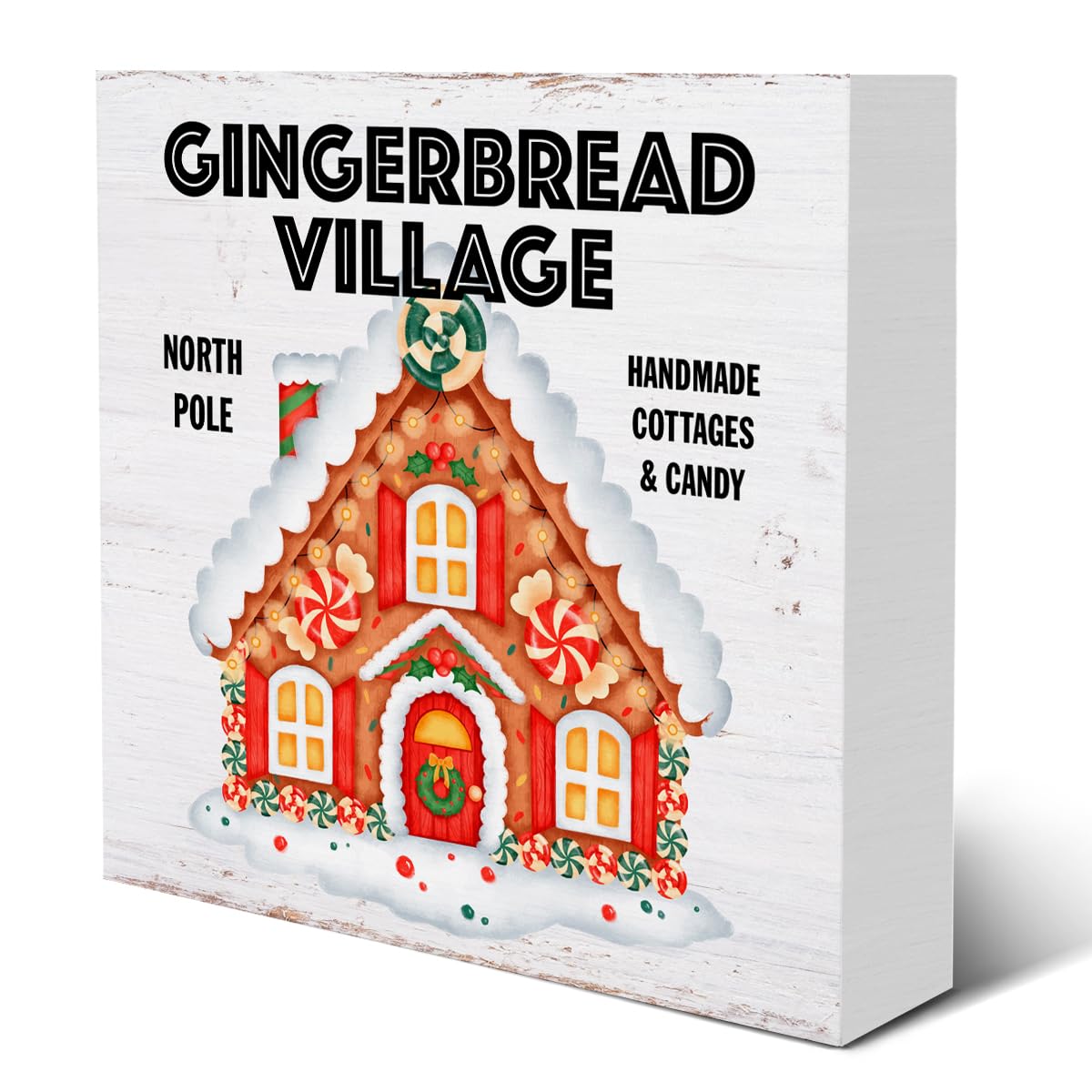 Winter Gingerbread Christmas Wooden Box Sign Wood Block Tabletop Sign Decorative Desk Sign Winter Season Home Shelf Decor 5 X 5 Inches