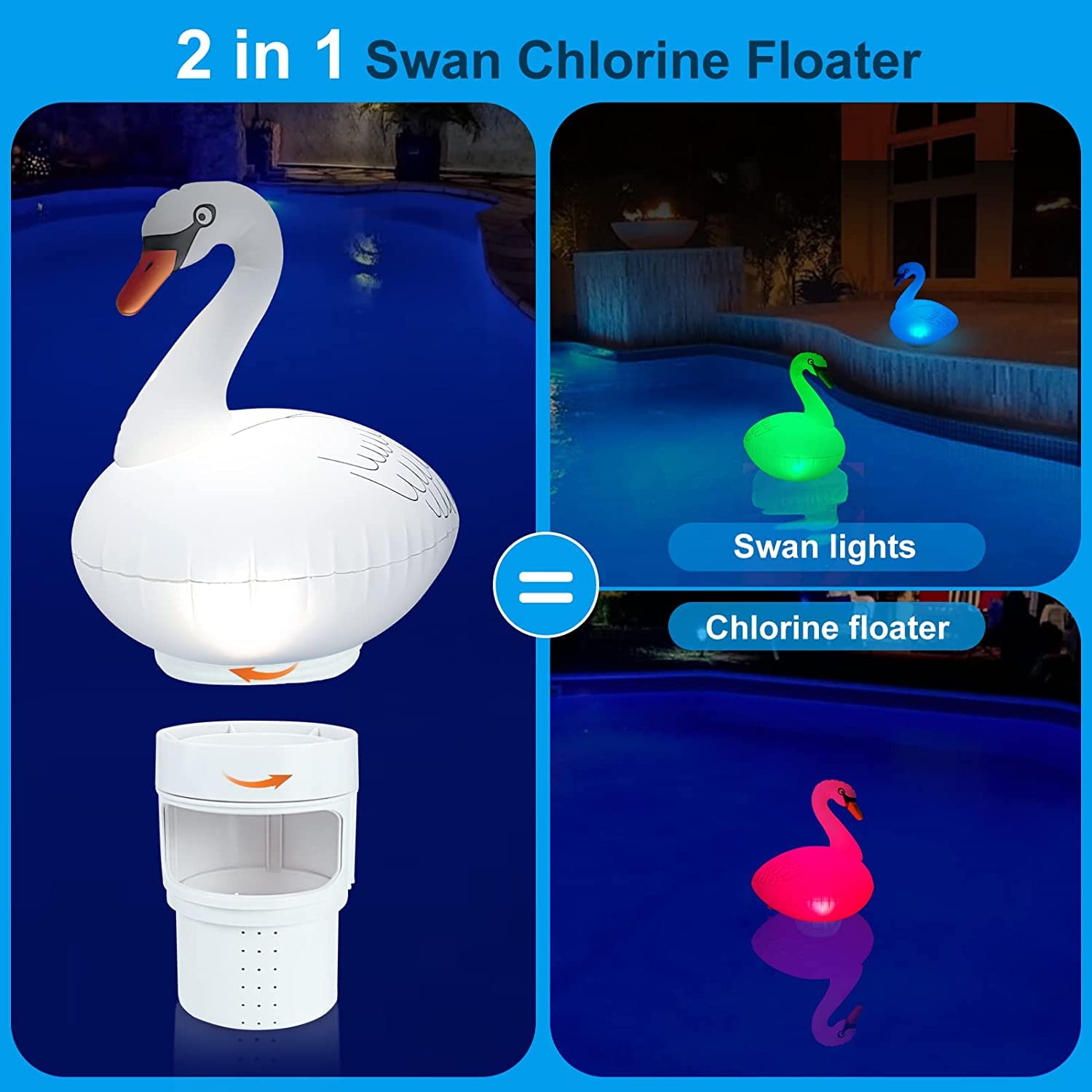 Dispensador Cloro Piscina Flotante, Flotador Cloro para Piscinas con Luz Solar en Cisne Hinchable, Dosificador Cloro Piscina con Abertura Grande, Dispensador de Cloro para SPA