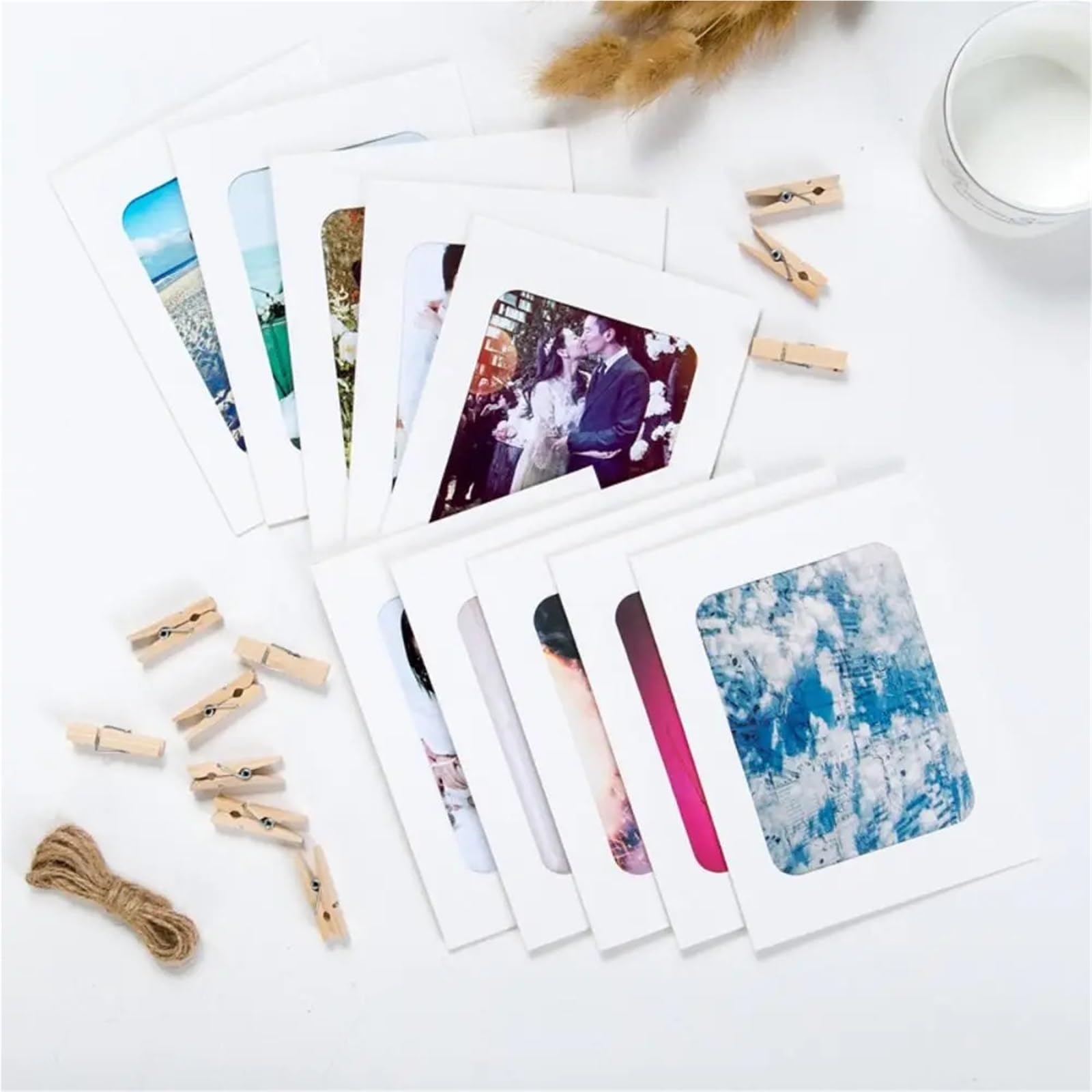 Gwyzax Paper Picture Frames 50Pcs/Set DIY Craft Paper Photo Frame With Clips Rope Wall Hanging Picture Album Wedding Happy Birthday Home Decor(White)