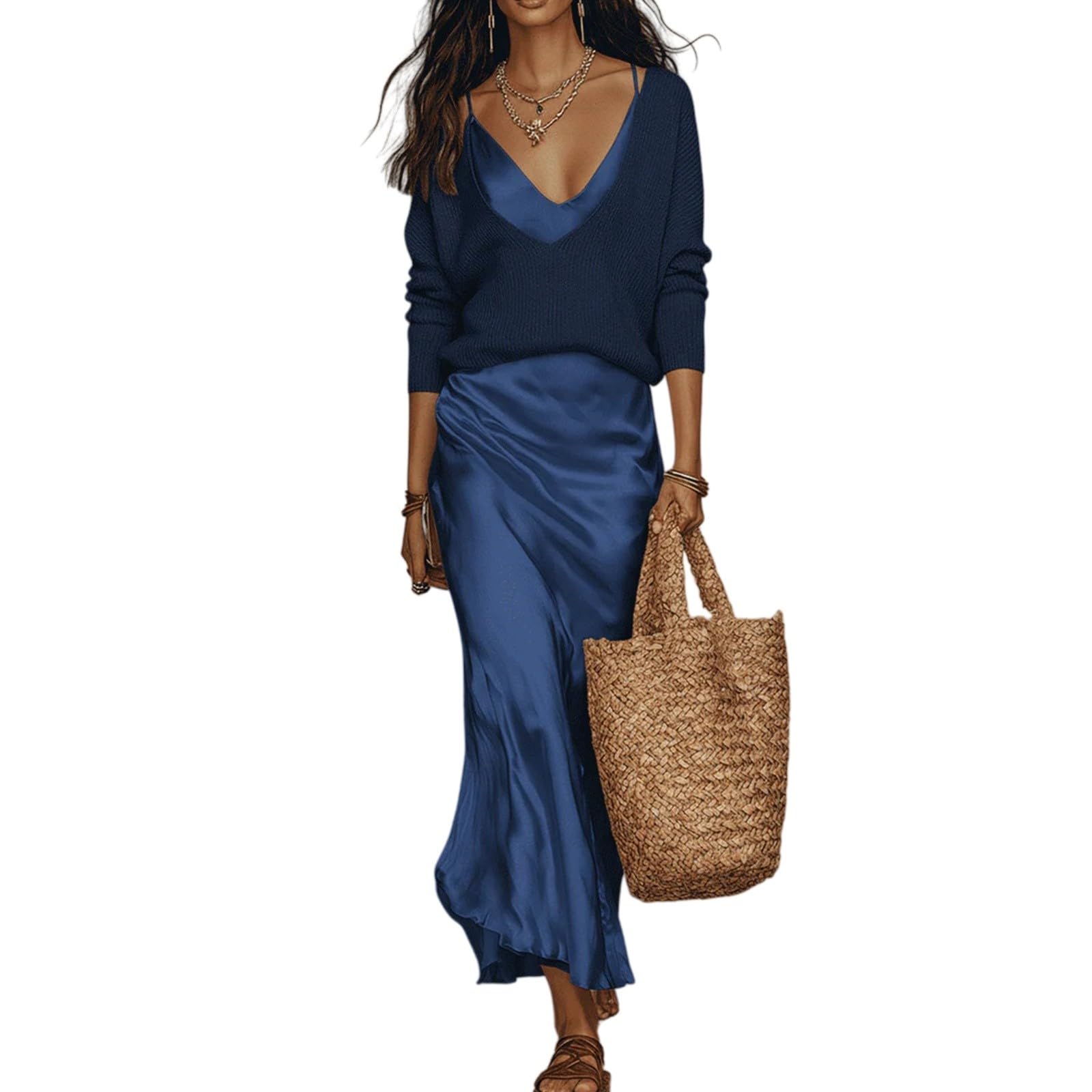 Maxi abiti estivi da donna in raso, set da 2 pezzi, con scollo a V, in seta, a maniche lunghe, leggero, fluido, formale, comodo, alla moda, per tutti i giorni, vestiti in tinta unita per uscire