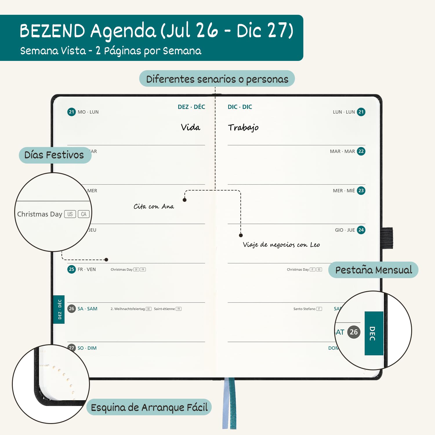 BEZEND Agenda 2026 2027 Semana Vista Pequeña 9 x 15,5 cm, 18 Meses Agenda Escolar de Bolsillo de Jul.26 a Dic.27, A6 Planificador Semanal con Doble Horario, Tapa Dura Cuero PU - Negro