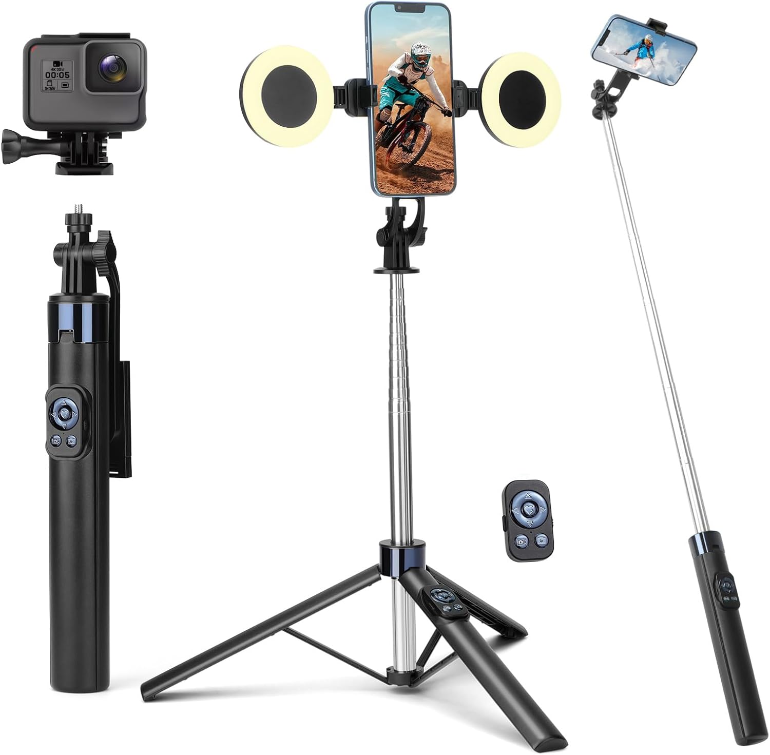 70” Phone Tripod & Selfie Stick with Light, Metal Tripod Holder with Wireless Remote,Portable Travel Selfie Stick Tripod for iPhone/Android and Gopro