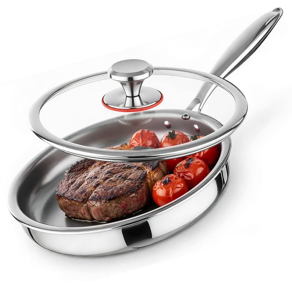 Tri-Ply Stainless Steel Frying Pan with Lid, Durable and Sturdy, Stainless Steel Pan, Fast & Even Heat, Induction, Electric, Gas, Flawless Glide, Everyday Use, Oven Up to 315℃ (28cm Frying Pan)