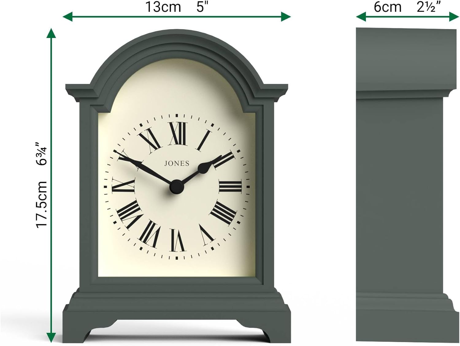 JONES CLOCKS® Bistro Mantel Clock | Small Classic Arch top Carriage Clock Design | Green | Contemporary Classic Style for Mantel, Desk, Table, Shelf and Bedside