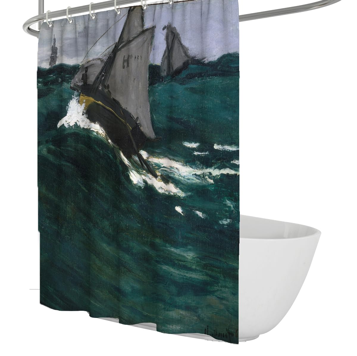 OLLIAR Home Dark Green Sea Wave Fabric Shower Curtain Storm Sailing Boat Ocean Bathtub Curtains Water-Repellent Bathroom Shower Curtains Set with Hooks 180x180cm