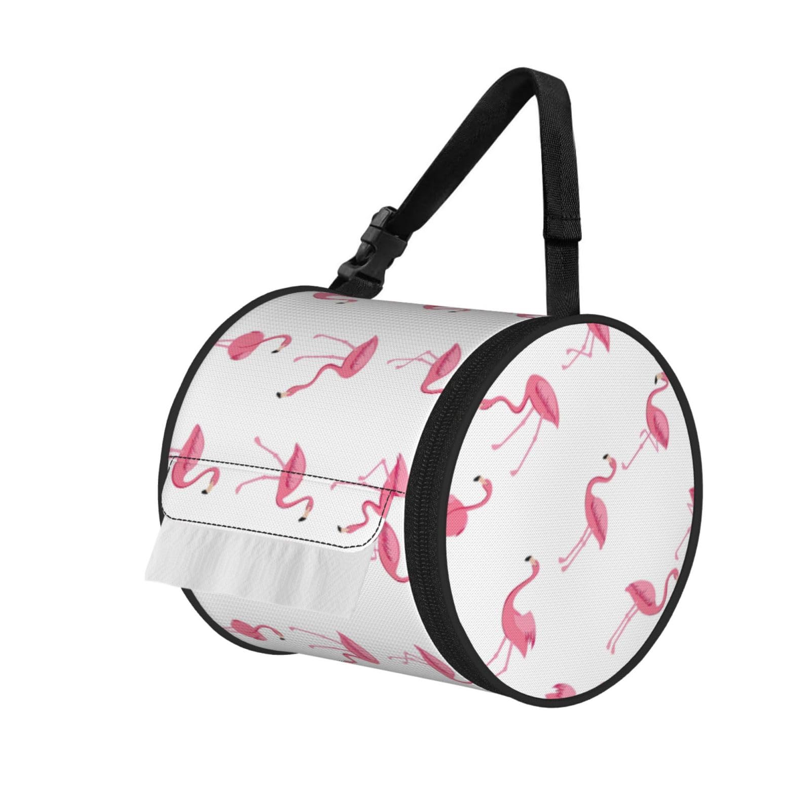Flamingos On White Print Cylinder Tissue Holder Bag With Strap, Portable Roll Dispenser Case For Car Rv Camping