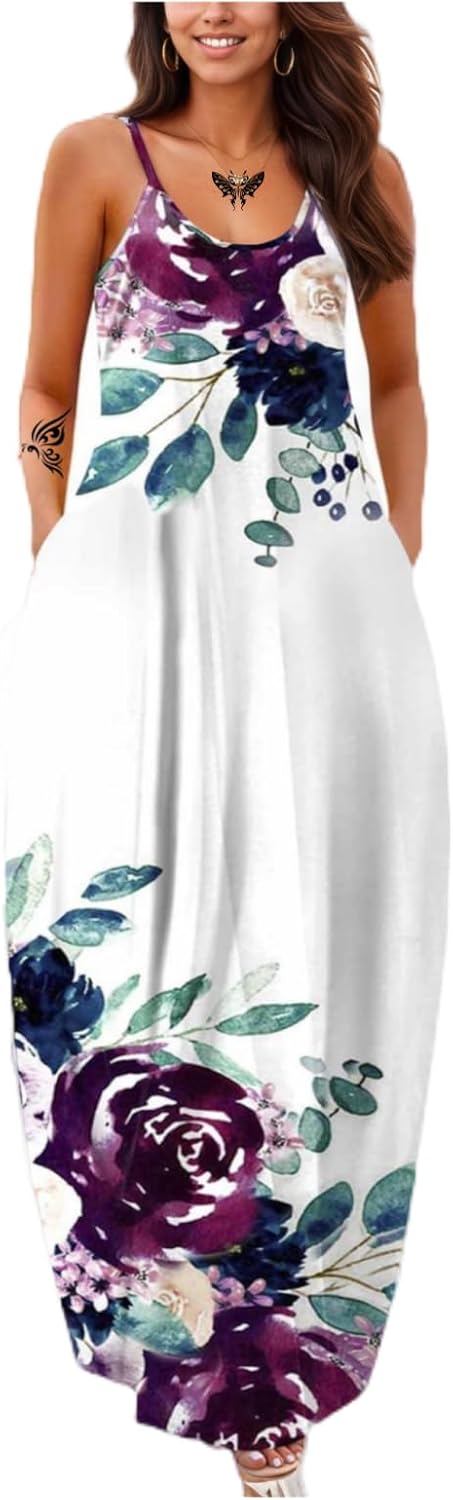 Women's Summer Maxi Dress Long Dress Casual Boho Sleeveless Strap Smocked Tiered Long Beach Sun Dresses