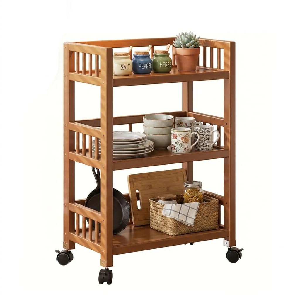 Carro de servir con ruedas, carrito de cocina de madera, 3 estantes, carrito móvil multiusos para cocina, baño, pasillo y balcón, carrito auxiliar para ahorrar espacio