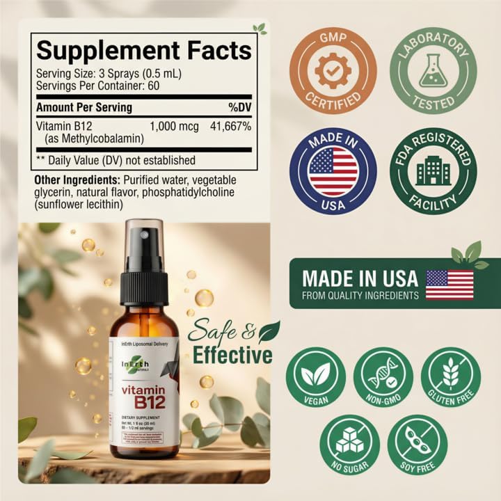Liposomal Vitamin B12 Sublingual Spray 1000 mcg Methylcobalamin | Fast Absorbing Energy Support | Plant Based Non GMO Vegan | 60 Day Supply - Image 6