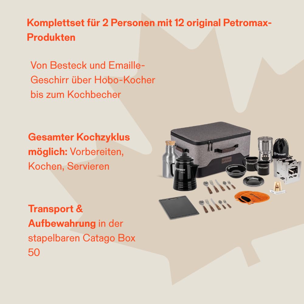 Petromax Abenteuer-Picknick-Box – Outdoor-Kochset für 2 Personen: kompakt und vielseitig – ideal für Camping, Wandern und Lagerfeuer – 12teiliges PremiumSet mit stapelbarer Transportbox
