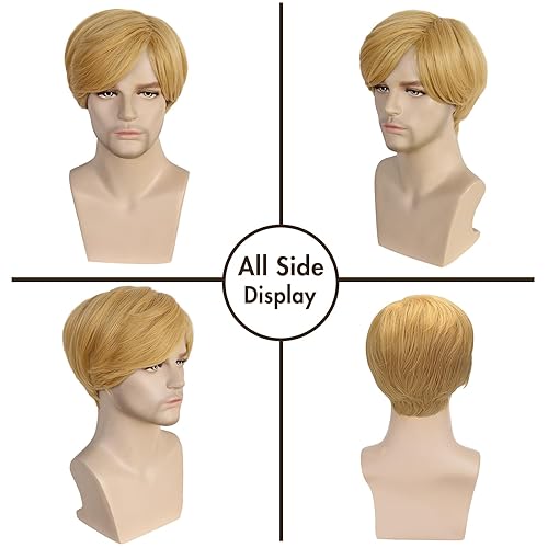 Miniatura 5 de IEBIYO Peluca rubia corta y recta para hombre, peluca rubia resistente al calor, sintética, para cosplay, fiesta de disfraces (rubio)