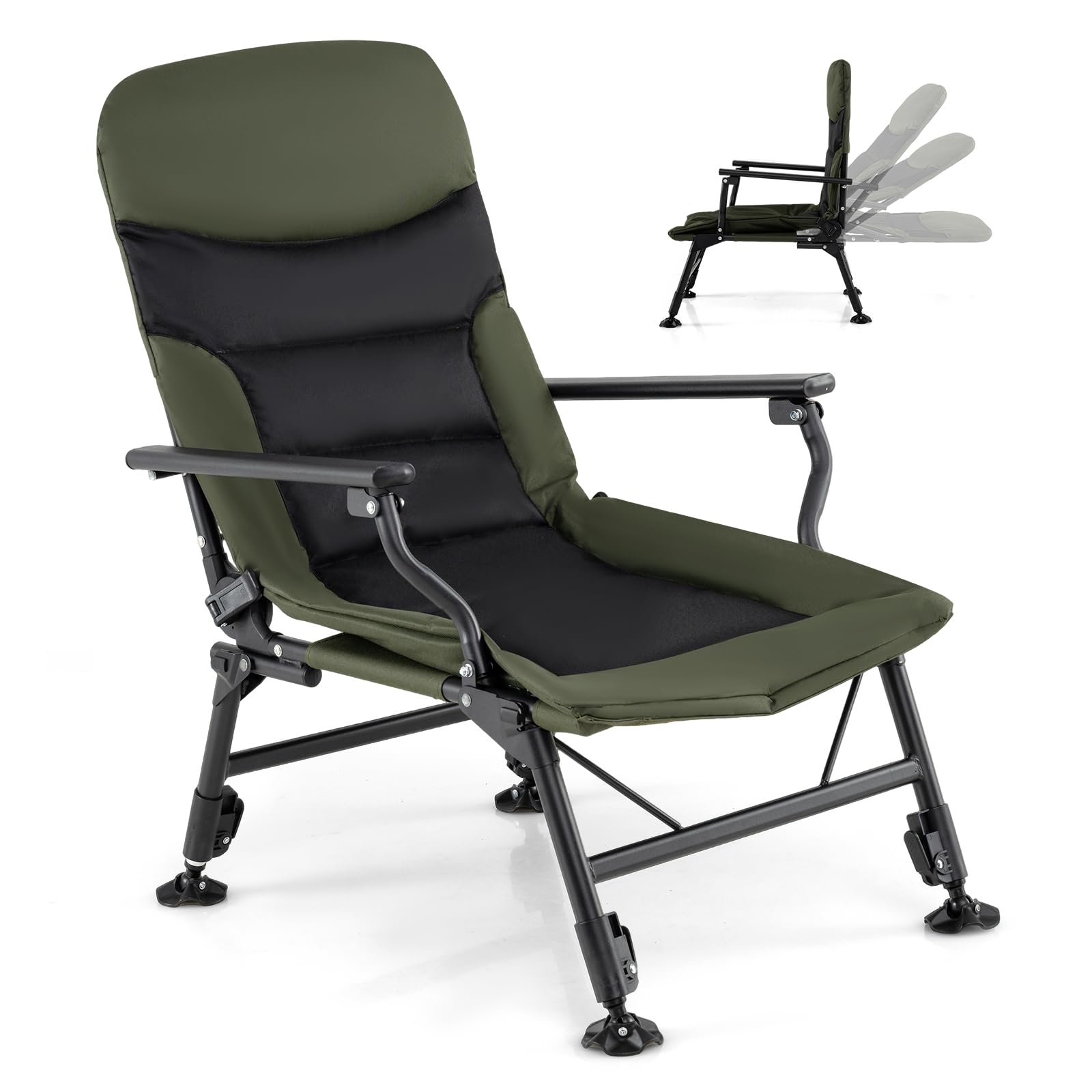 COSTWAY Oversized Foldable Fishing Chair, Heavy Duty All-Terrain Camping Chair with Padded High-Back, Armrest and Large Adjustable Feet, Portable Picnic Beach Seat Recliner (without Footrest)