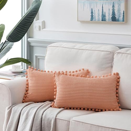 Miniatura 6 de Fancy Homi - Paquete de 2 fundas rectangulares para cojines lumbares de sala de estar o dormitorio, de pana suave unicolor con pompones,