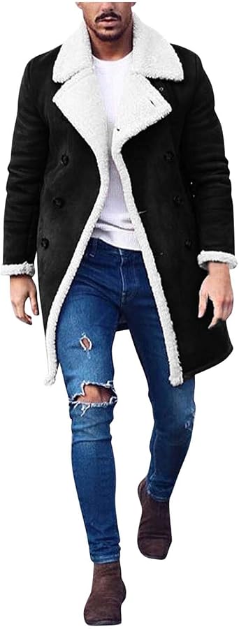QWENTMTNTY Mens Sherpa Lined Jacket Vintage Faux Fur Notch Collar Shearling Trench Coat Thicken Winter Coats with Pockets