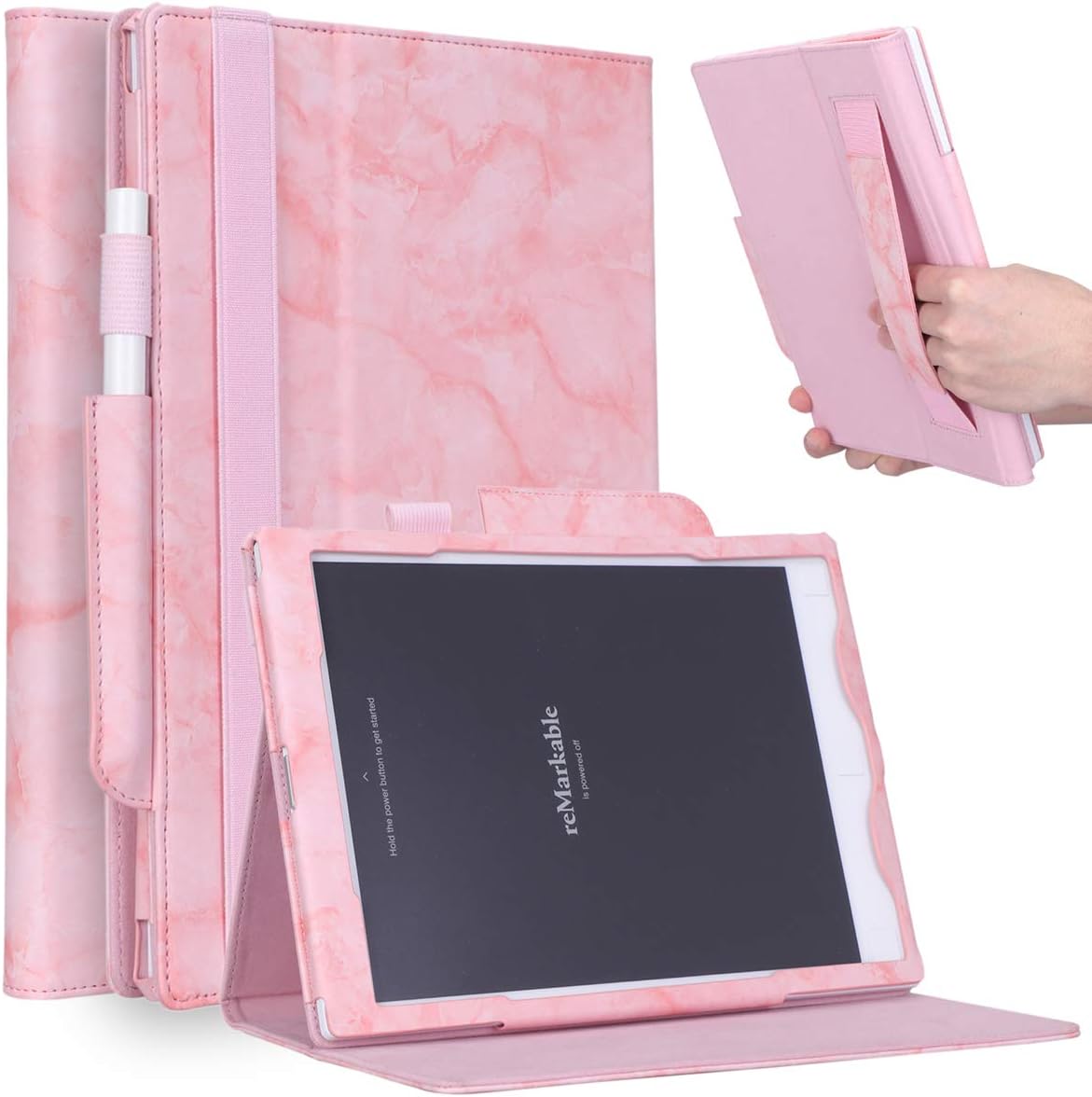Remarkable Tablet Case, [Kickstand Feature] [Remarkable Pen Holder] [Hand Strap] Leather Folio Case Stand Cover for Remarkable Paper Tablet 10.3" Digital Notepad E-Reader 2018-Pink