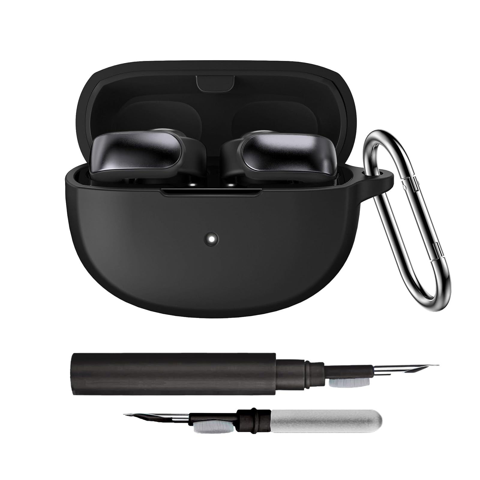 Silicone Case Cover for New Bose Ultra Open Earbuds, Shockproof Protective Skin Case for Bose Ultra Open Earbuds 2024 with 3-in-1 Cleaner Kit and Carabiner, (Black, Front LED Visible)