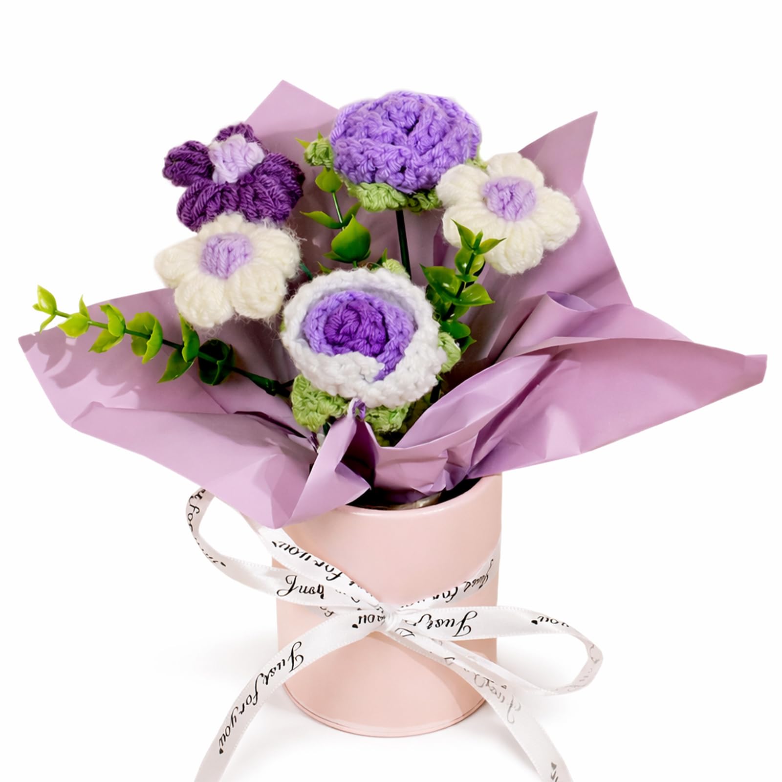 BAGUBDR Crochet Flowers, Knitted Flowers, Purple Rose Crochet Flower, Long-Lasting Floral Arrangement for Home Decor, for a Realistic Look