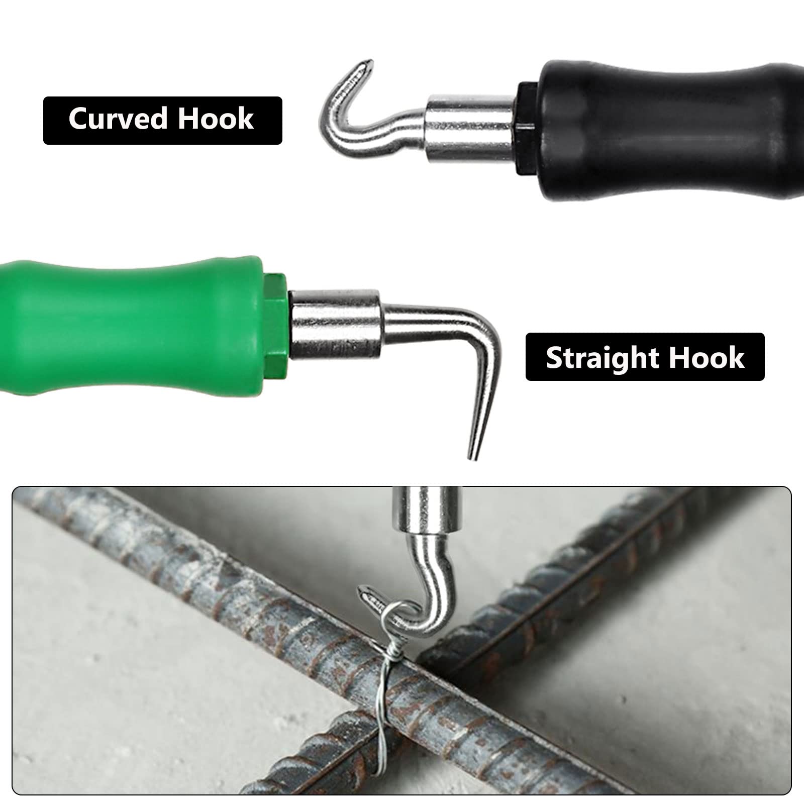 FVIEXE 4PCS Rebar Tie Tool, Automatic Rebar Tie Wire Twister with Rubber Handle, Rebar Wire Twister Pull Tie Wire Twister Concrete Metal Wire Twisting Fence Tool (Curved and Straight Hook) 1