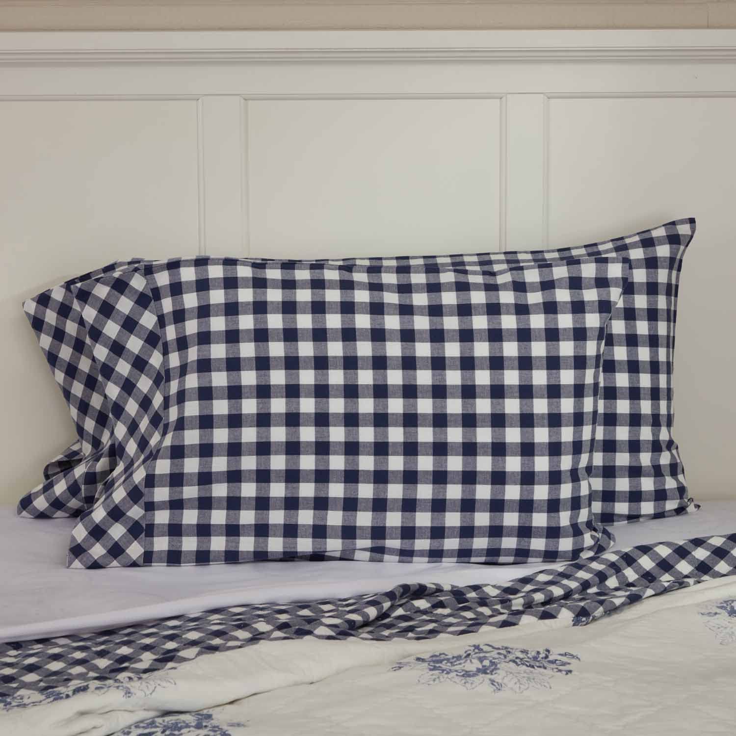 Piper ClassicsVintage Check Blue Standard Size Shams, Set of Two Cases, 21" W x 27" L, Farmhouse, Country, Cottage Bedding, Checked Ginham Decorative Bed Pillow Cover