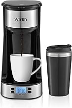 Wirsh Single Cup Coffee Maker- with 14 oz. Double-wall Stainless Steel Travel Mug and Reusable Filter- Personal Coffee Maker with programmable timer and LCD display,Single Serve Coffee maker, Black