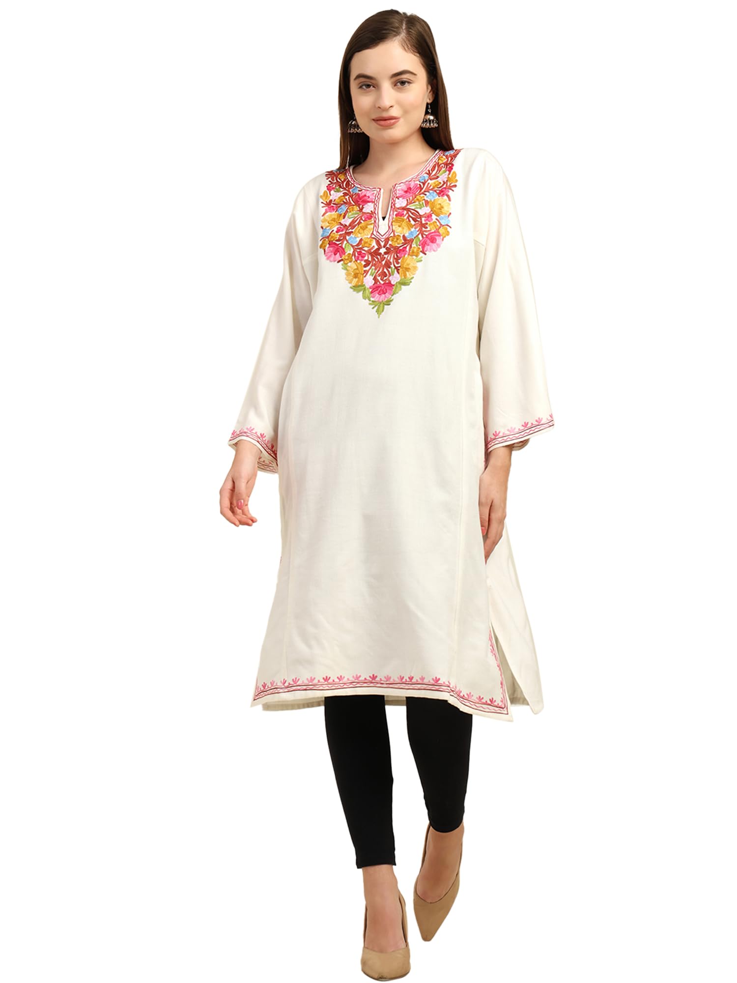 craftbazar Kashmiri Embroidered Cashmilon Phiren White Multi-picture-42