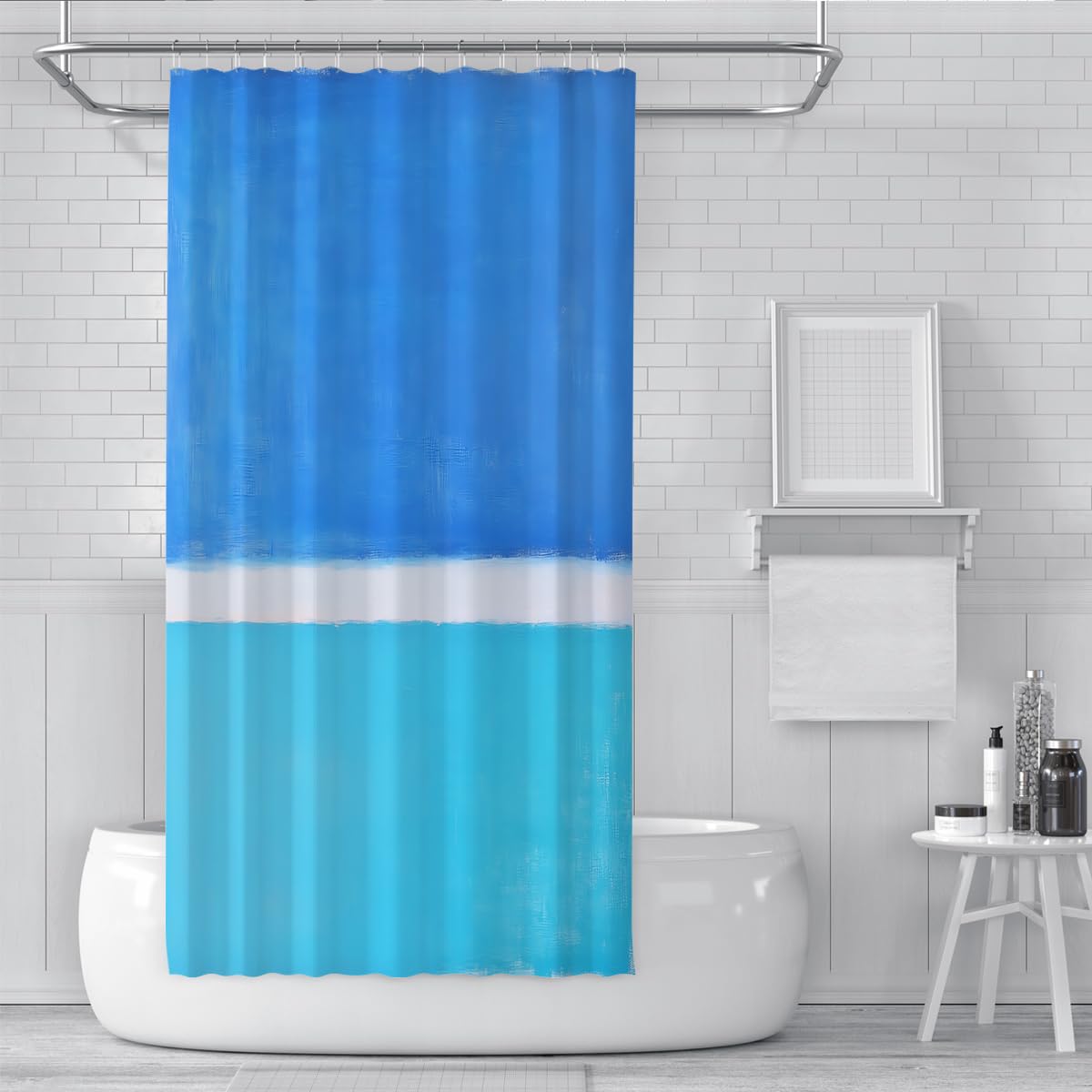 Ozeanblau-türkis-weißer Block-Duschvorhang Abstrakter mediterraner Farbstreifen Badezimmervorhänge mit Haken Polyesterstoff 200 x 240 cm