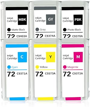 Compatible for HP 72 Ink Cartridge for HP DesignJet T770 T790 T795 T610 T620 T1100 T1120 T1200 T1300 T2300 Printer Ink 130-ML 6-Pack (Matte Black, Photo Black, Cyan, Yellow, Magenta, Gray)