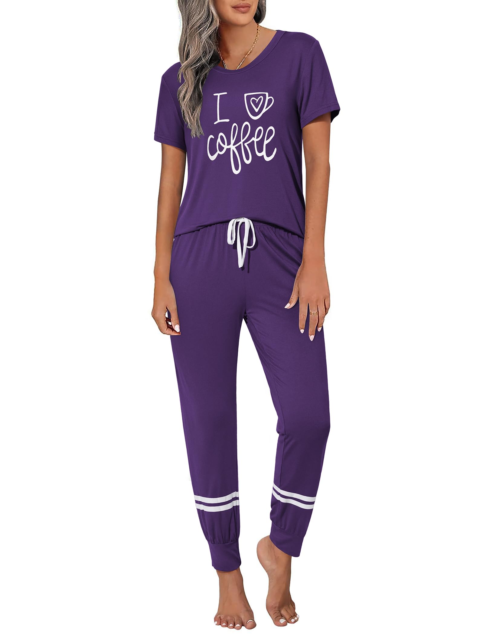 Ekouaer Womens Pajamas Set Short Sleeve Sleepwear Tops with Long Pants Pjs Set Print Nightwear