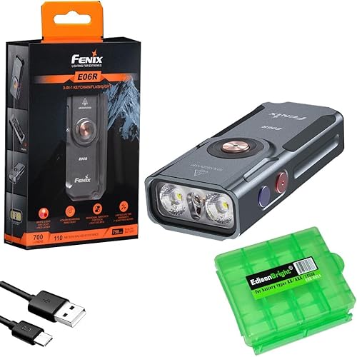 Fenix E06R linterna LED recargable por USB de 700 lúmenes en forma de llaveroUVLuz negra con paquete de estuche accesorio EdisonBright (Gris)