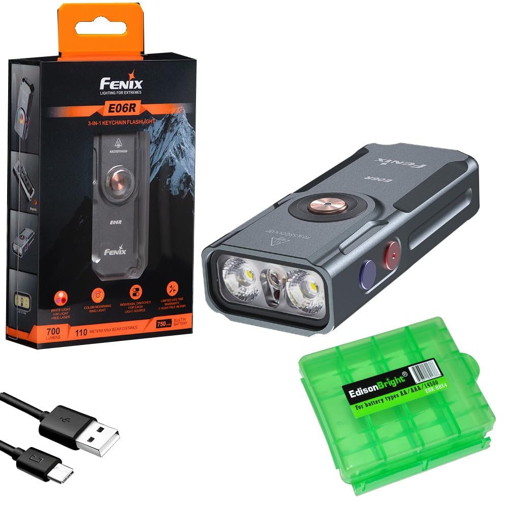 Fenix E06R 700 Lumen USB Rechargeable LED Keychain Flashlight/UV/Blacklight with EdisonBright Accessory case Bundle (Grey)