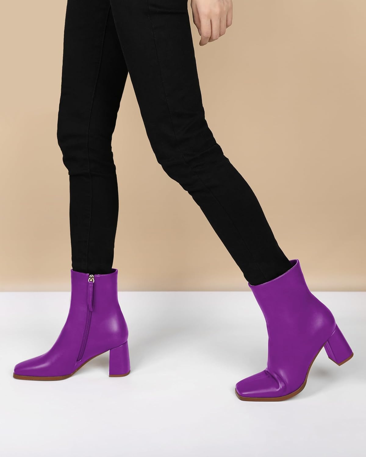 Eldof Ankle Boots Women Chunky Heel Square Toe High Heeled Gogo Short Booties Side Zipper 3 Inches - Image 2